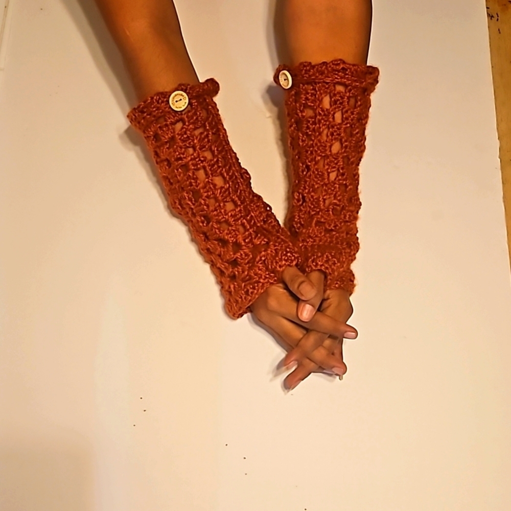 Hand Crafted Hand Knit Crochet Orange Granny Square Fingerless Gloves handmade - Picture 17 of 17